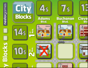 Example: Blue pays a 3$ token and removes a blue '2 store' tile from the board.